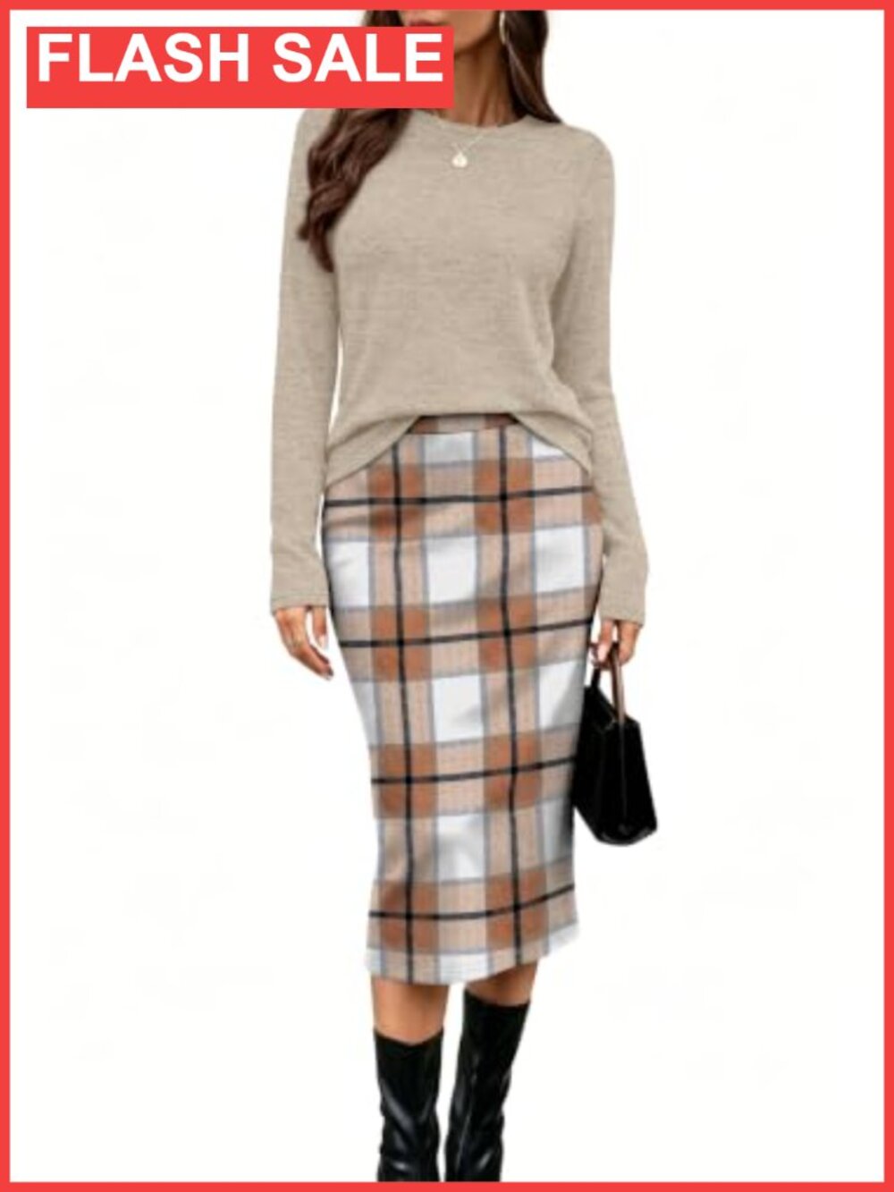 Women's 2 Piece Midi Skirt Set Long Sleeve Crewneck Top with Pockets